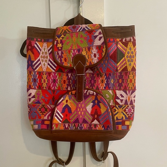 Handmade Handbags - Huipil and leather bohemian colorful embroidered extra large backpack